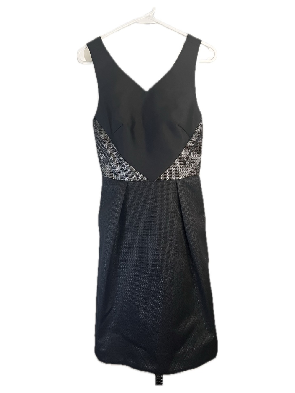 Classic Black Satin Twill Geometric Bodice  V-Neck Sleeveless Cocktail Dress